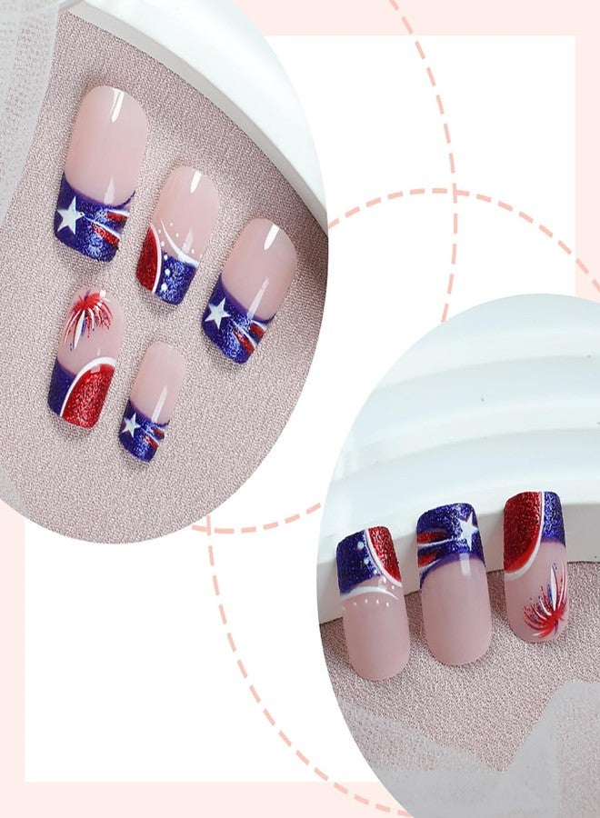 KRTBKR 24Pcs 4th of July Press on Nails Short Square Red Black French Tip Fake Nails American Flag with Star Fireworks Glitter Design Full Cover Independence Day False Nails for Women Acrylic Manicure Salon - Image 2